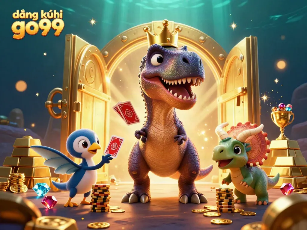 Engage with the vibrant scene of a T-Rex dealing cards and a triceratops stacking chips, promoting đăng ký go99 at the casino.