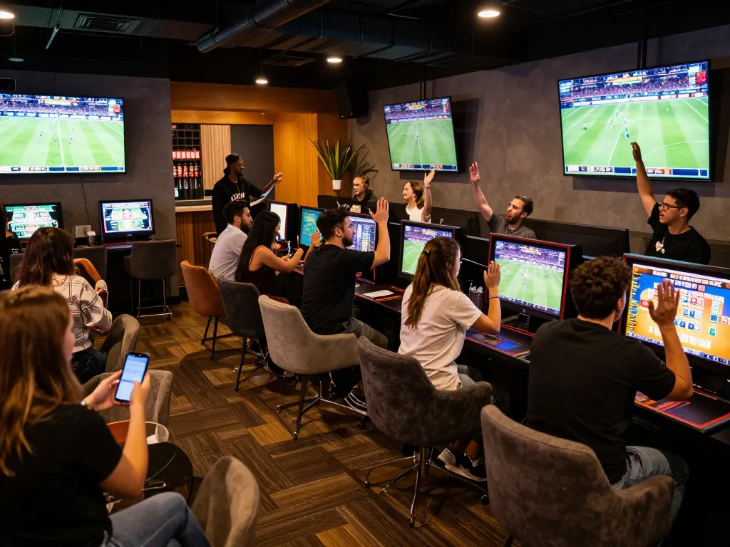 Cổng game Sky88 engaging users in live sports betting excitement, showcasing patrons celebrating wins.