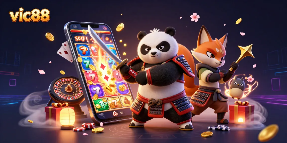 Engage in thrilling gaming at vic88 with dynamic characters and exciting casino elements in a vibrant illustration.