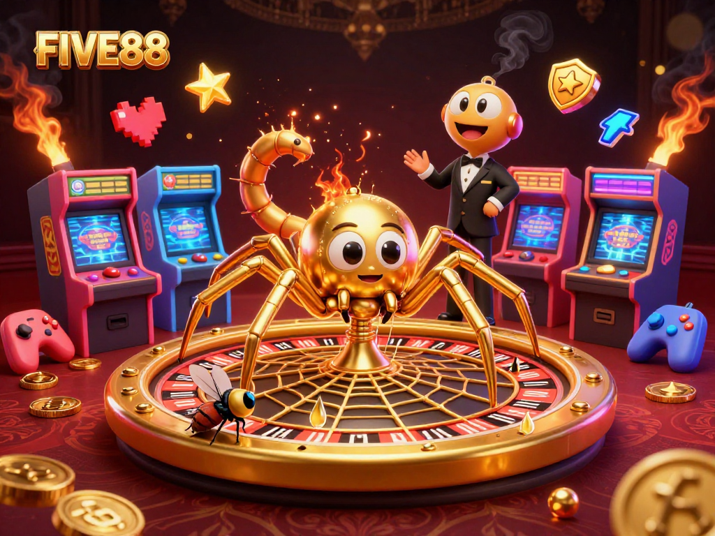 FIVE88 engages players with a vibrant 3D casino illustration capturing a golden spider web roulette.