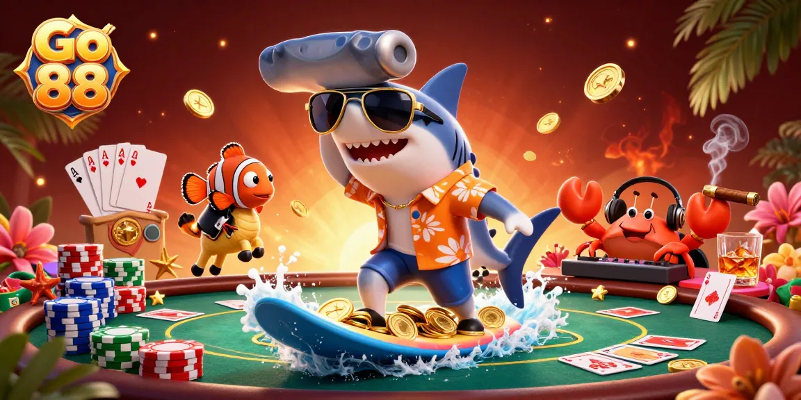 Experience excitement at Go 88 with vibrant 3D characters celebrating casino action amidst golden coin waves.