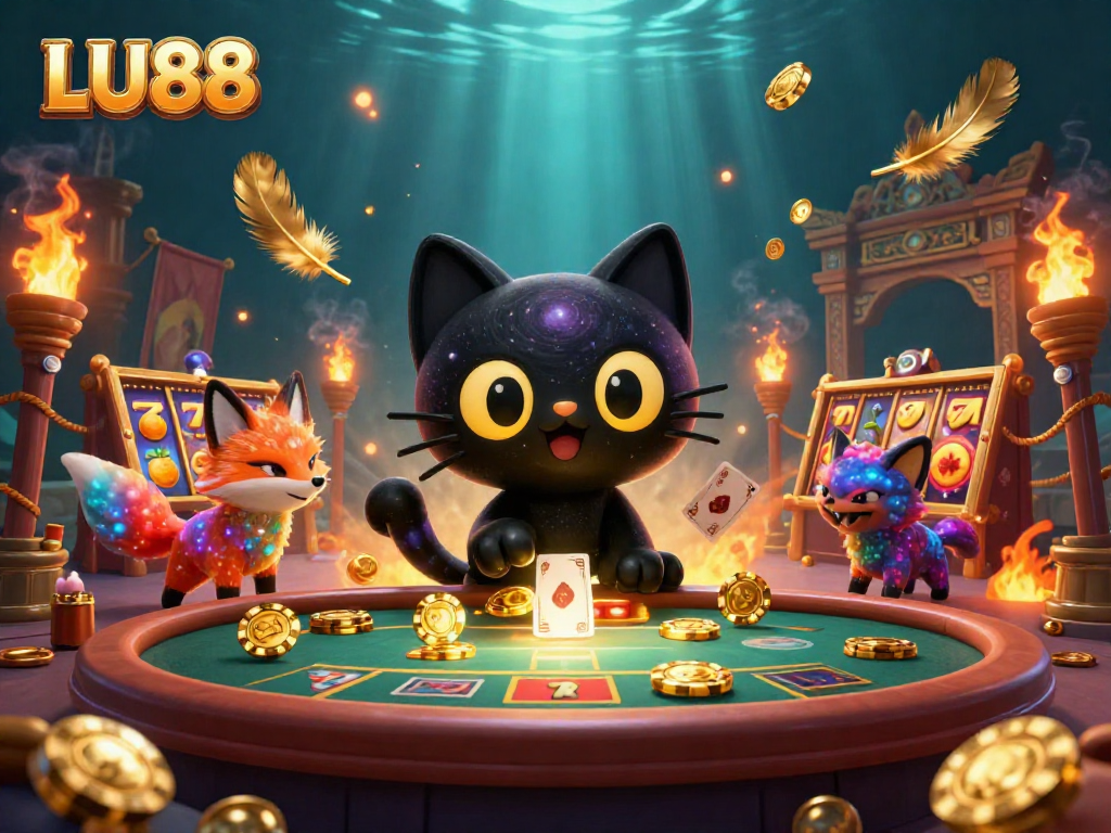 LU88's engaging cosmic casino scene with black hole cat and nebula fox attracting winning chips