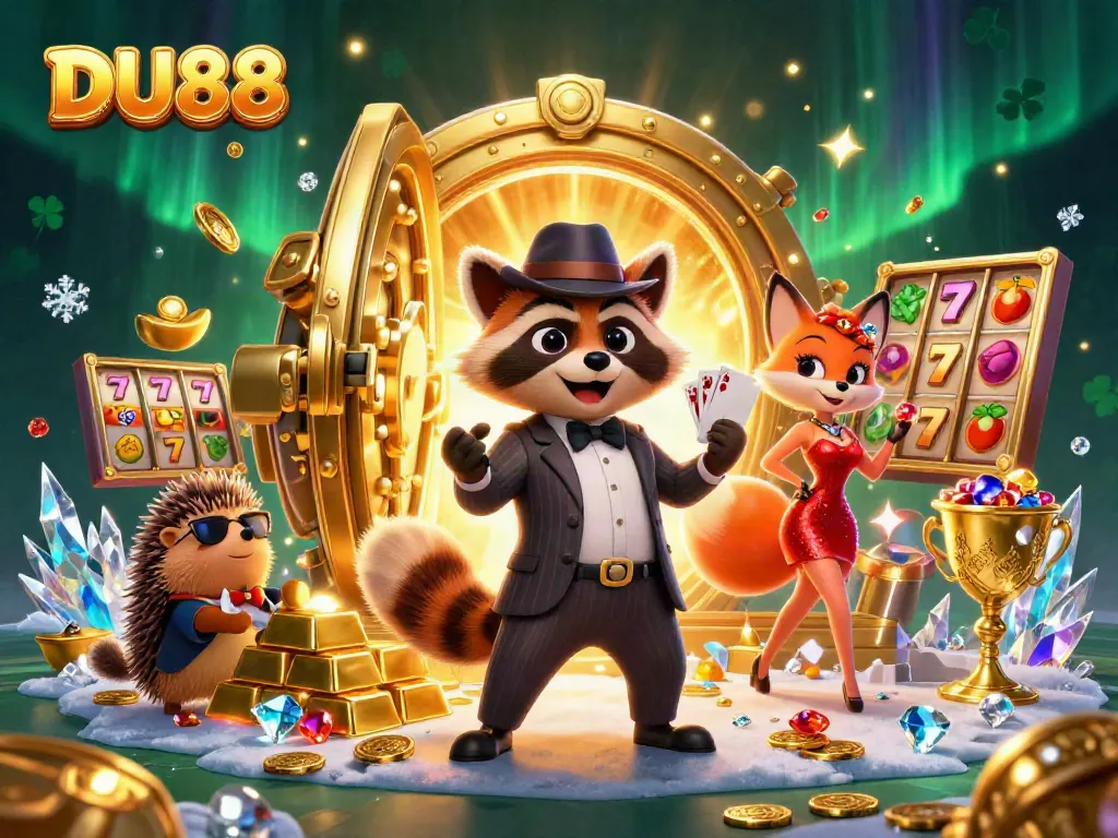 Join the excitement at DU88 with raccoon, fox, and hedgehog enjoying casino thrills!