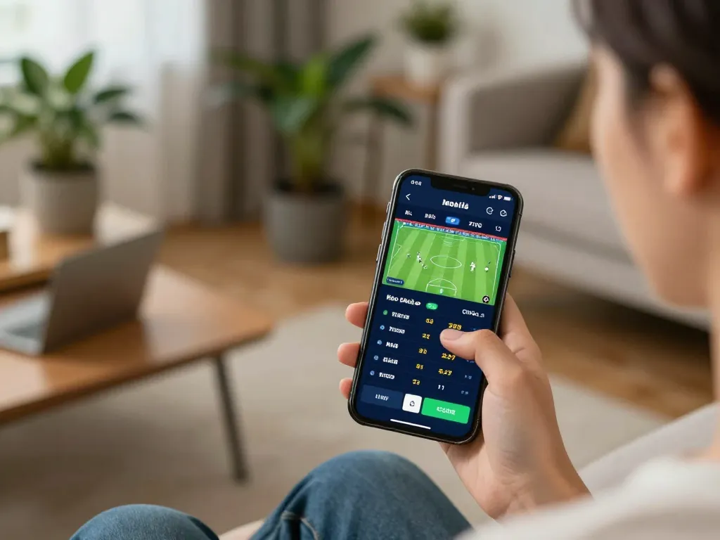 Engaging with kèo nhà cái trực tiếp on a mobile app during sports betting in a cozy home office.