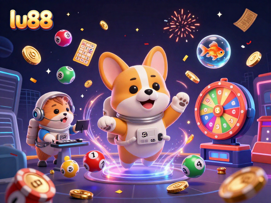 Experience thrilling gameplay at lu88 with an astronaut corgi, money rain, and colorful lottery elements.