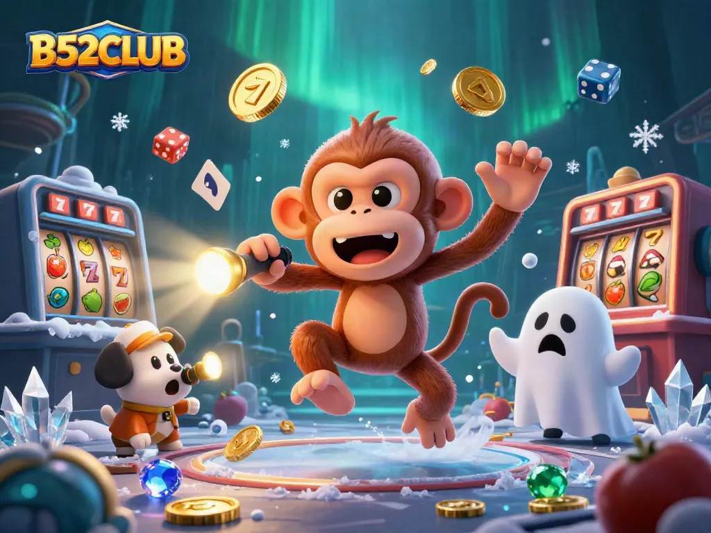 B52CLUB's exciting atmosphere features a playful poltergeist monkey and a ghost-hunter puppy amid a bustling casino scene.