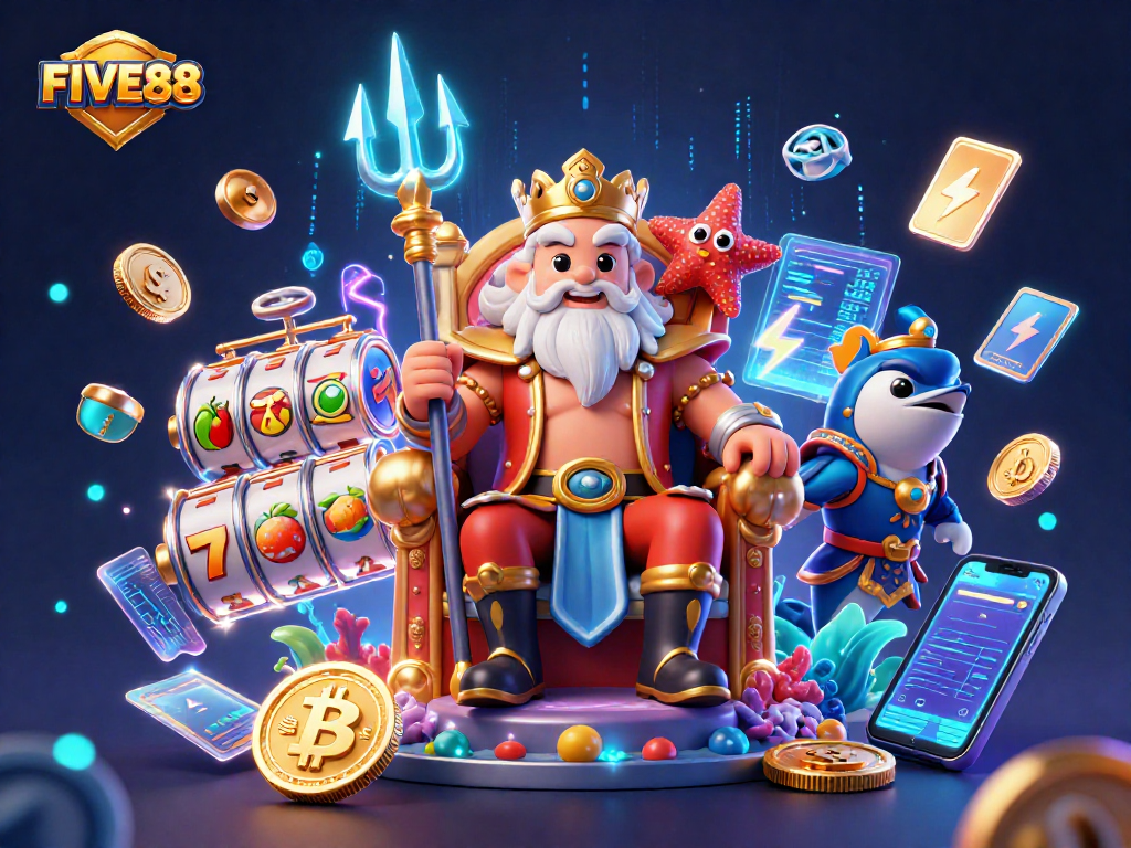 Spin into adventure with FIVE88's dynamic 3D casino scene featuring Neptunian characters.