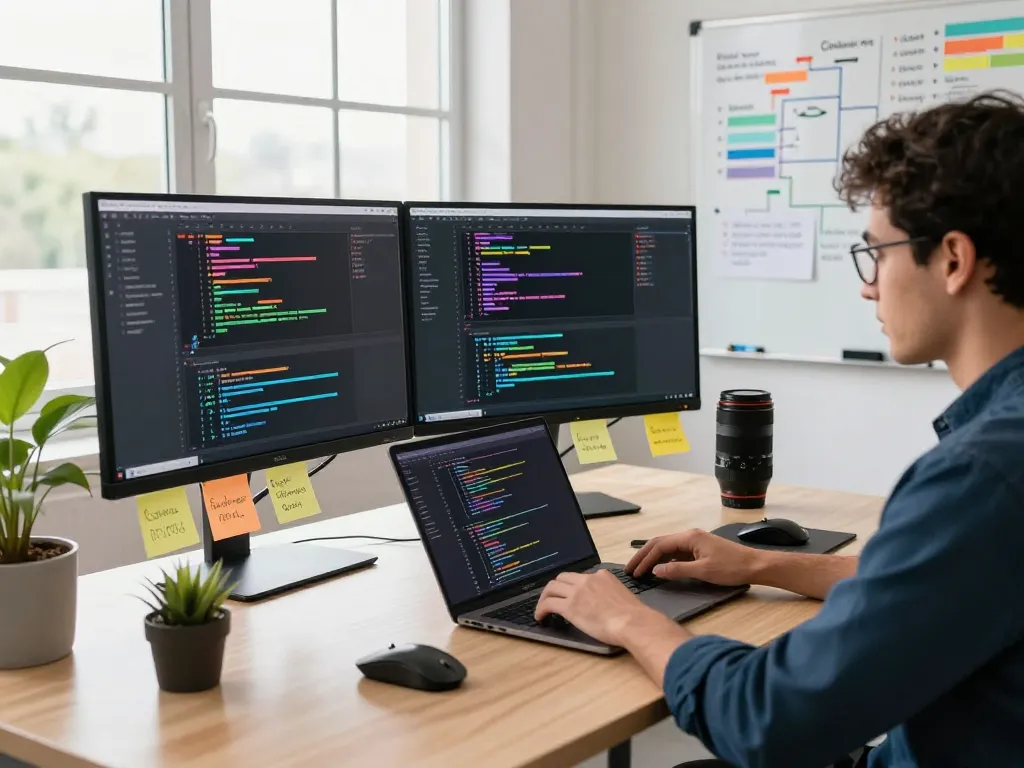 Developer coding on multiple monitors at https://thscrore.com/ with natural light, productivity tools, and brainstorming notes.