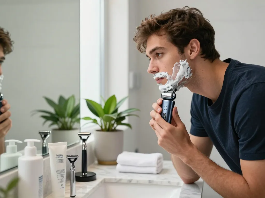 Young man using a Laifen shaver for a smooth grooming experience in a modern bathroom.