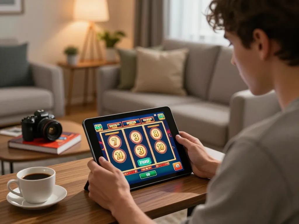 Engaging online gaming moment at https://c168b.com/ with player focused on tablet in cozy living room