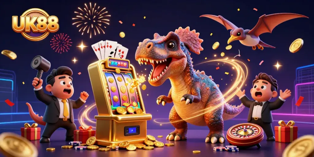 Experience UK88's exciting jackpot with a dinosaur-themed casino illustration, highlighting dynamic gaming moments.