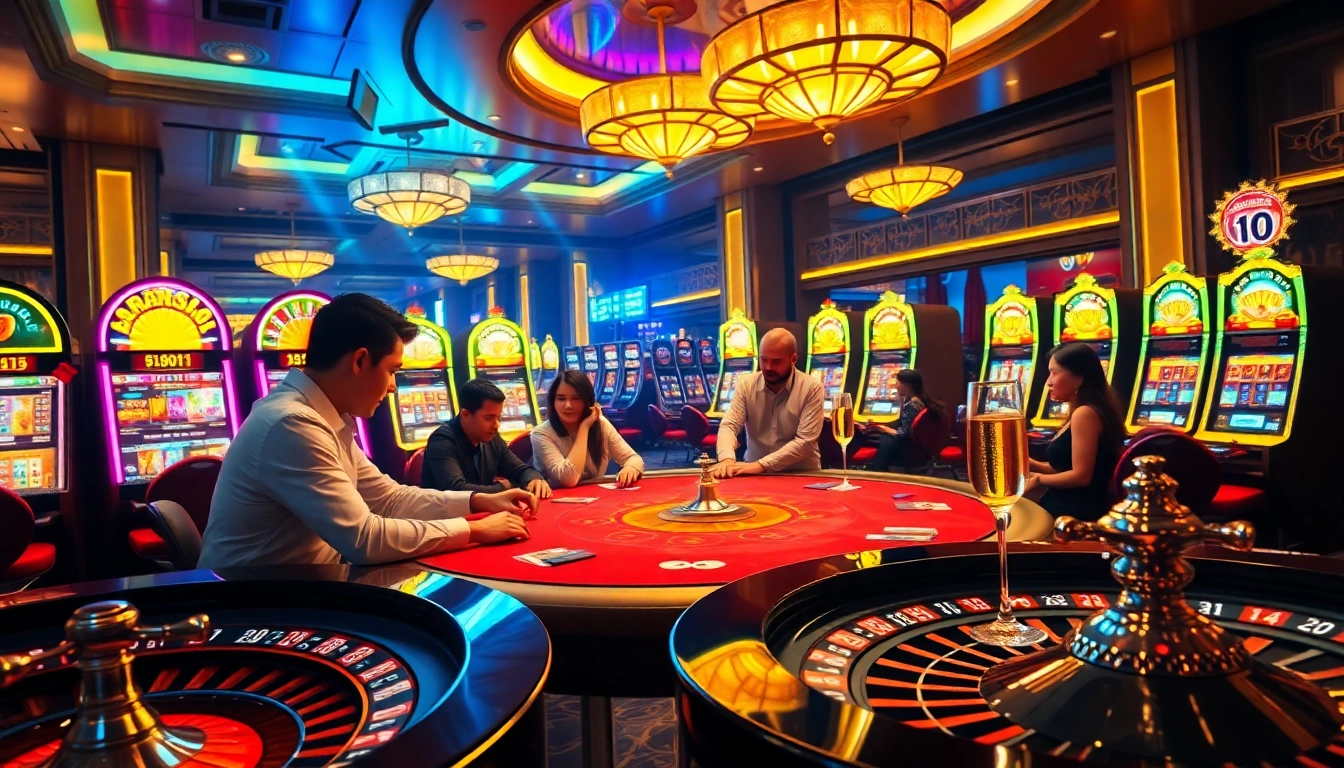 Players enjoy a vibrant poker game at MM88 PRESS, surrounded by dazzling casino elements.