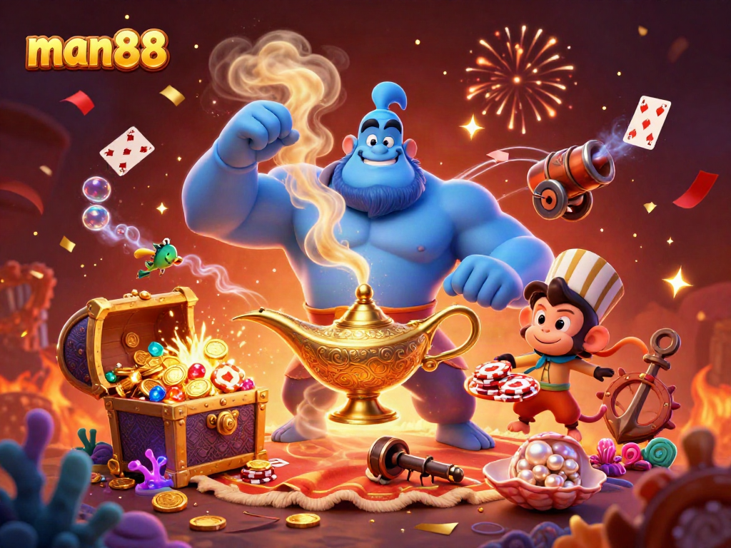 Play to win at man88 with this vibrant 3D casino adventure illustration featuring a genie and treasures.