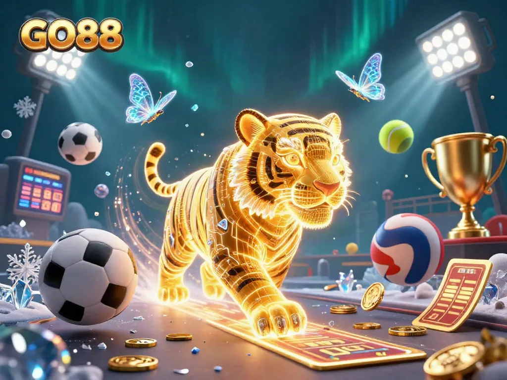 Experience thrilling gaming with GO88 through a vibrant digital casino scene featuring sports elements.