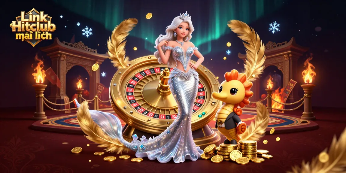 Engage with Link Hitclub mới nhất as a woman in an elegant gown stands beside a golden roulette wheel, creating a vibrant casino atmosphere.