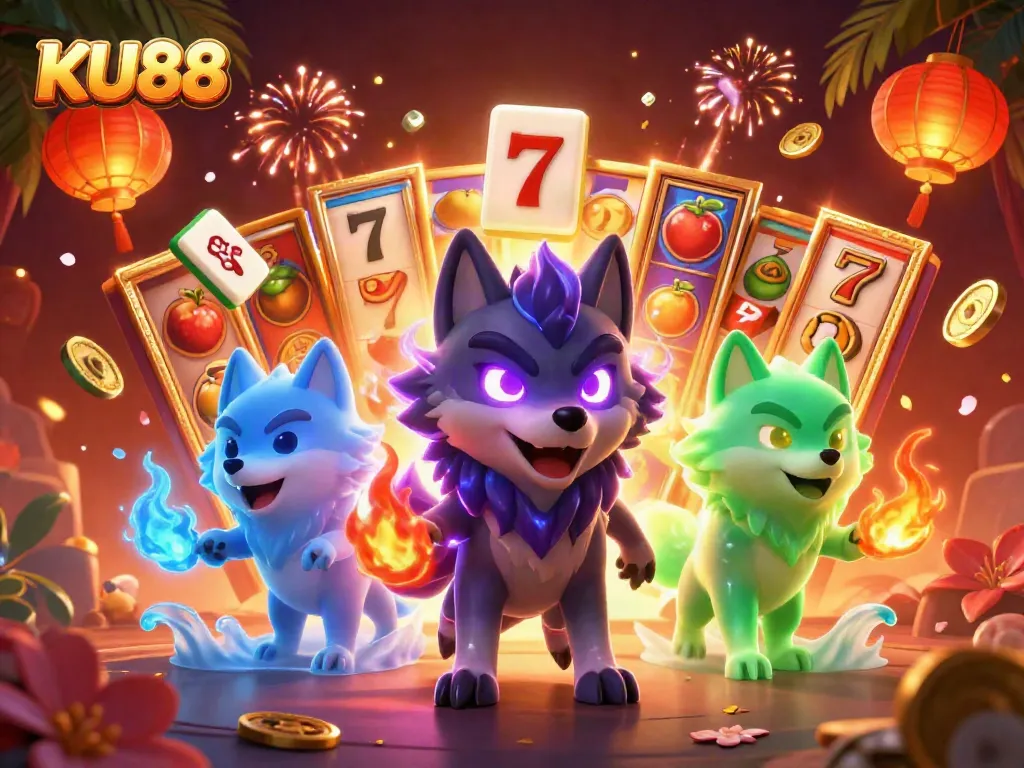KU88 features a shadow wolf leader with glowing eyes surrounded by slot machine elements and festive decorations.