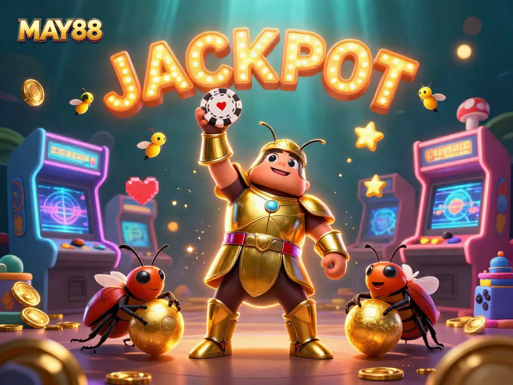 MAY88 showcases a victorious hercules beetle lifting a poker chip in a vibrant casino-themed scene filled with game elements and golden sparks.