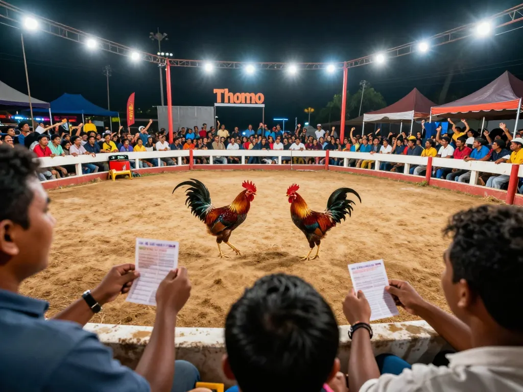 Live battle at da ga thomo with roosters competing fiercely in the arena, surrounded by cheering spectators.