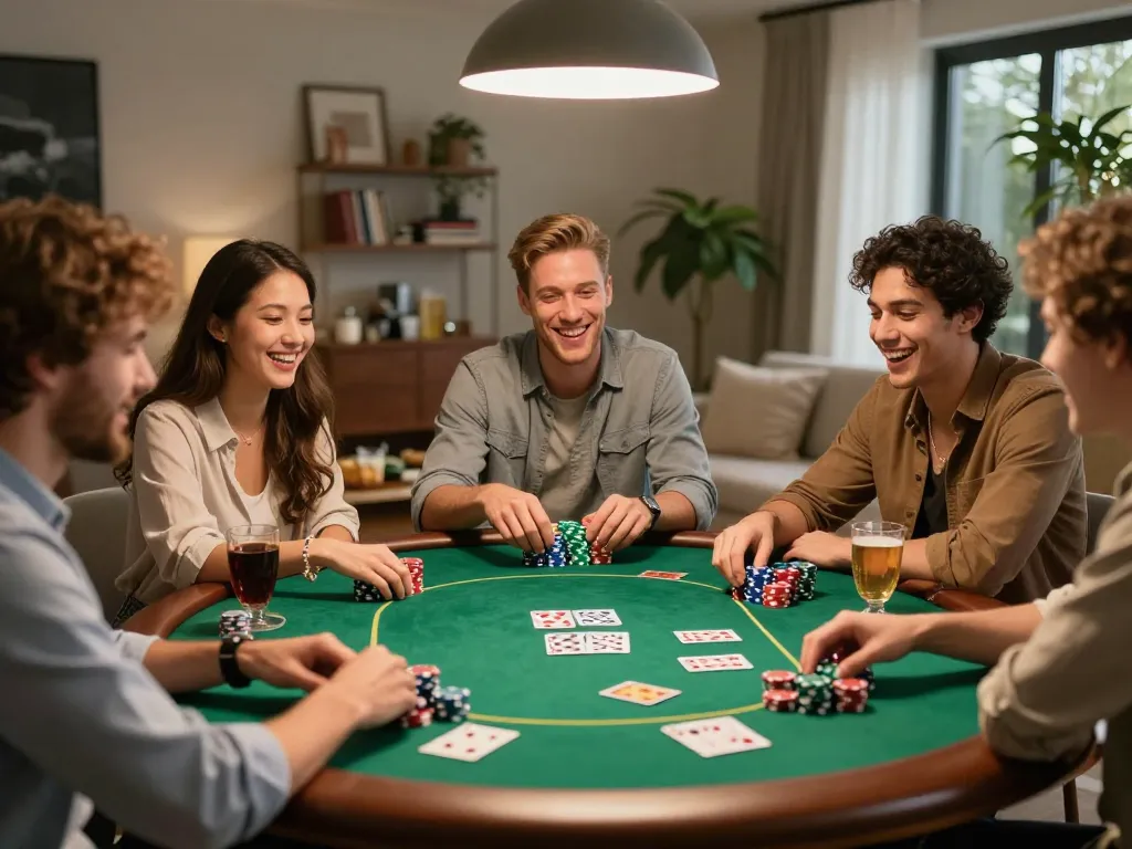 Friends enjoying a poker night at home, showcasing cm 88's social gambling experience.