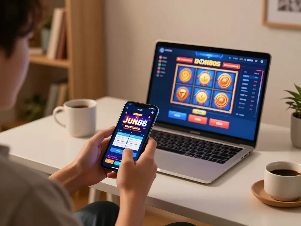 Engaging with the Jun88 casino app on a smartphone during a cozy home gaming session.