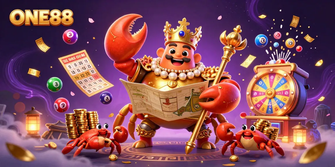 Experience the vibrant world of ONE88 with a grand golden crab emperor leading a lively lottery scene.