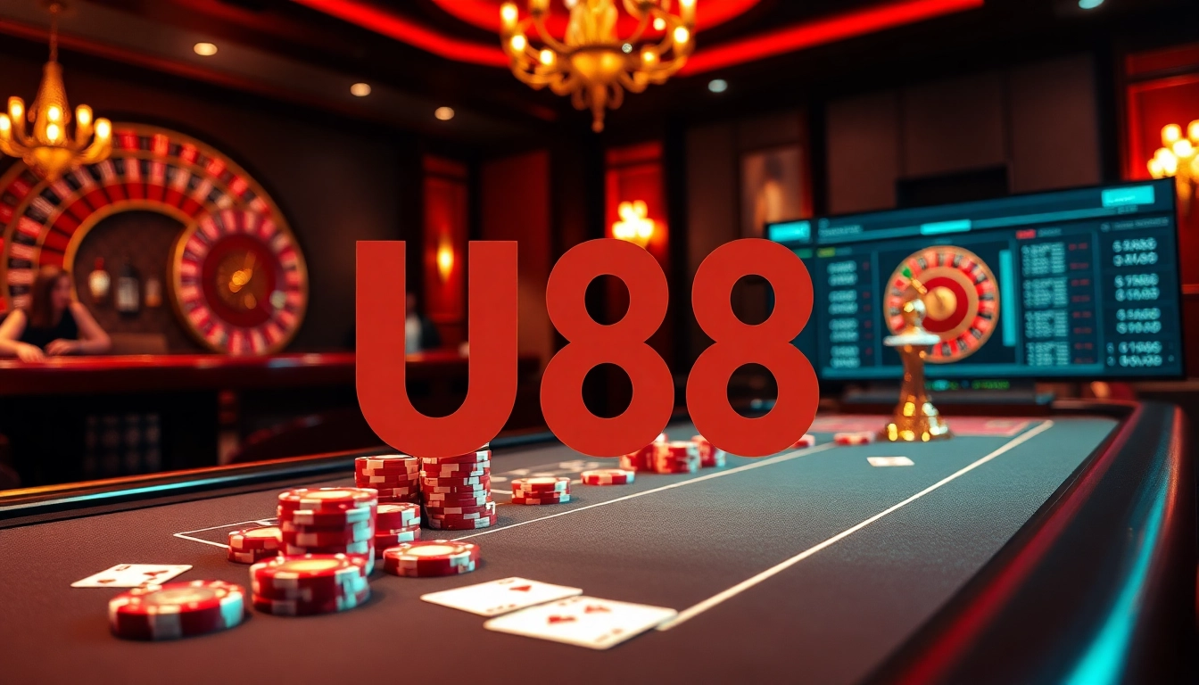 Experience the excitement of U88 gaming with vibrant poker chips and a roulette wheel.