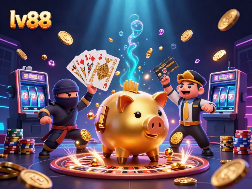 Experience the thrill of winning at lv88 with a vibrant casino scene featuring golden piggy bank, ninja, and samurai.