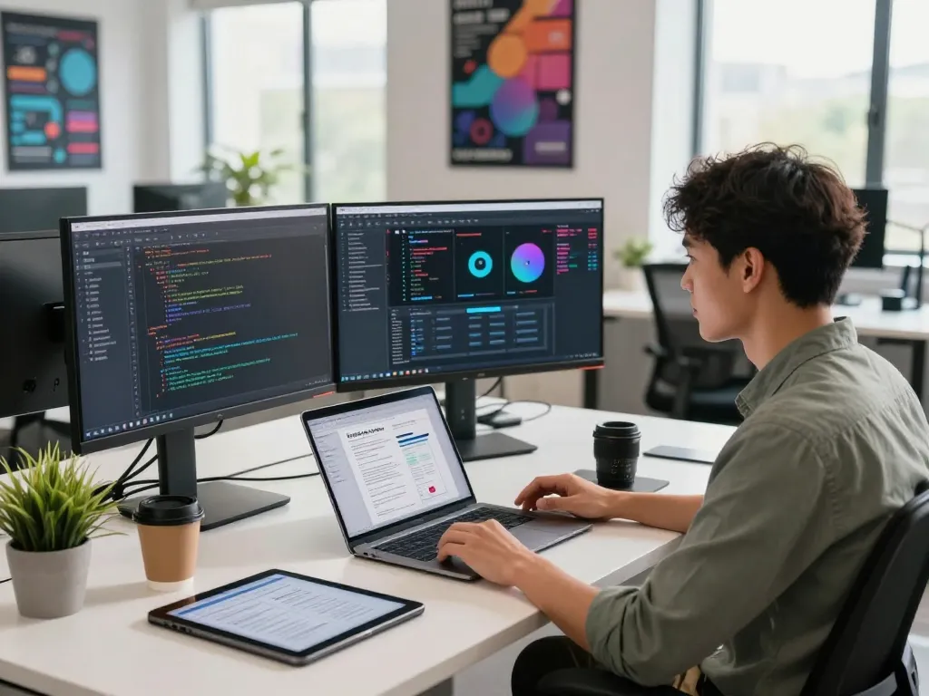 Software engineer at https://thscrore.app/ coding in a modern office with multiple screens, coffee, and plants.