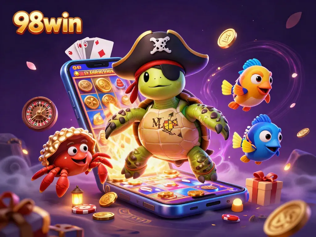 Experience thrilling wins with 98win's vibrant casino scene featuring a pirate turtle and treasure!