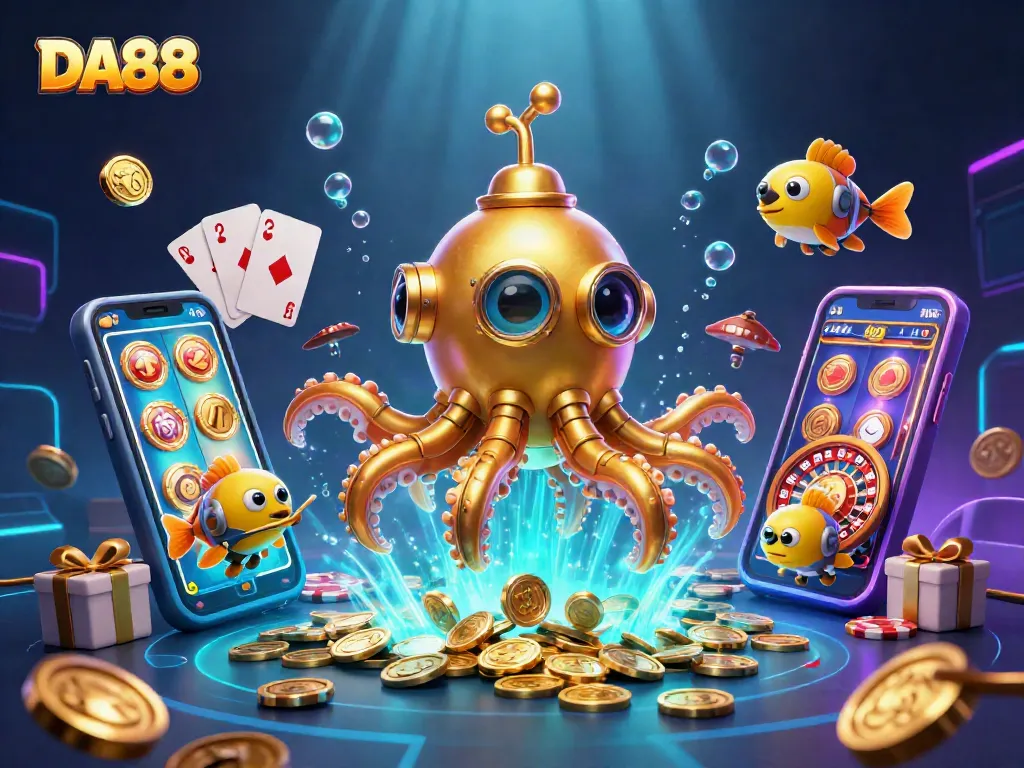 Spin the reels with DA88 in an ocean of gold, showcasing vibrant casino games.