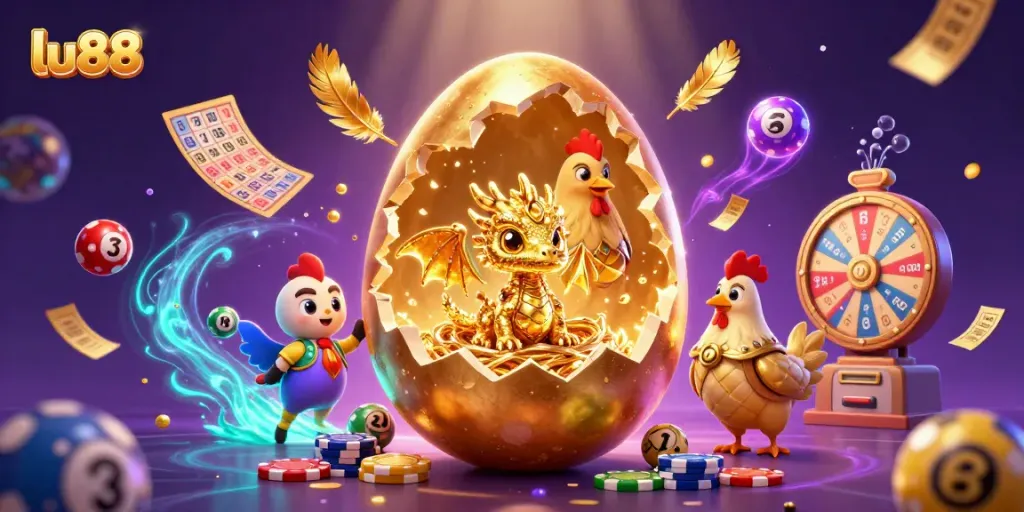 Experience thrilling gaming at lu88 with vibrant lottery elements and a golden dragon illustration.
