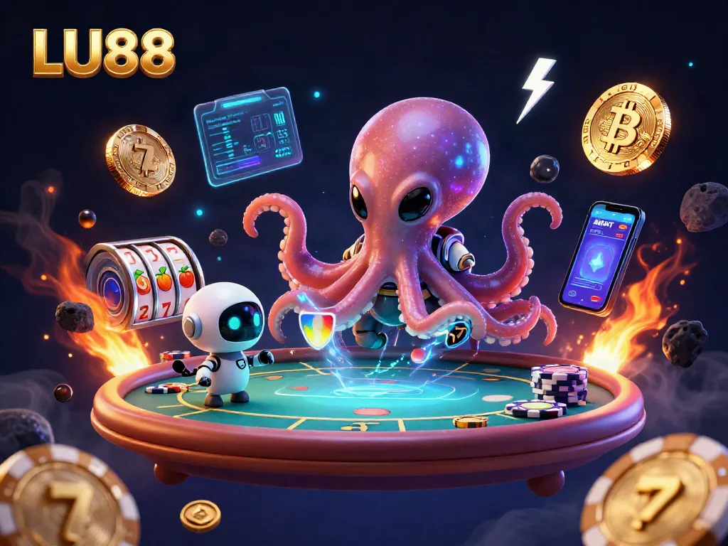 Engage with LU88's thrilling slot games through a captivating cosmic illustration featuring a cartoon alien octopus.