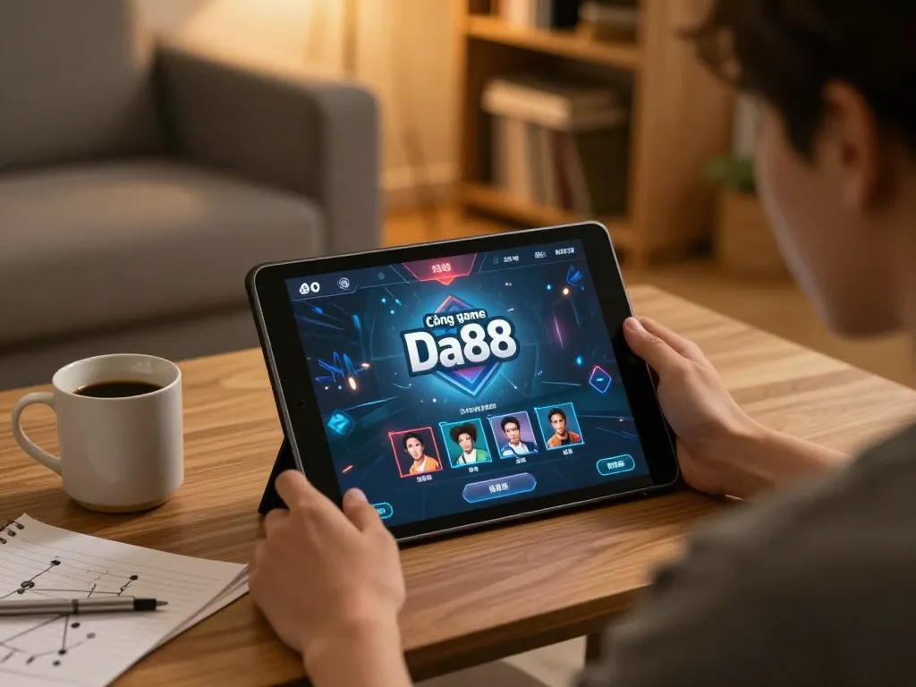 Cổng game Da88 showcases an exciting online gaming session with a player strategizing and enjoying a cozy atmosphere.