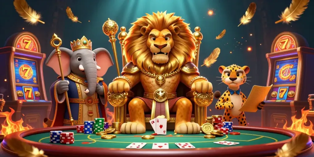 Experience thrilling gameplay with iwin's vibrant casino scene featuring a lion king, elephant advisor, and cheetah messenger.