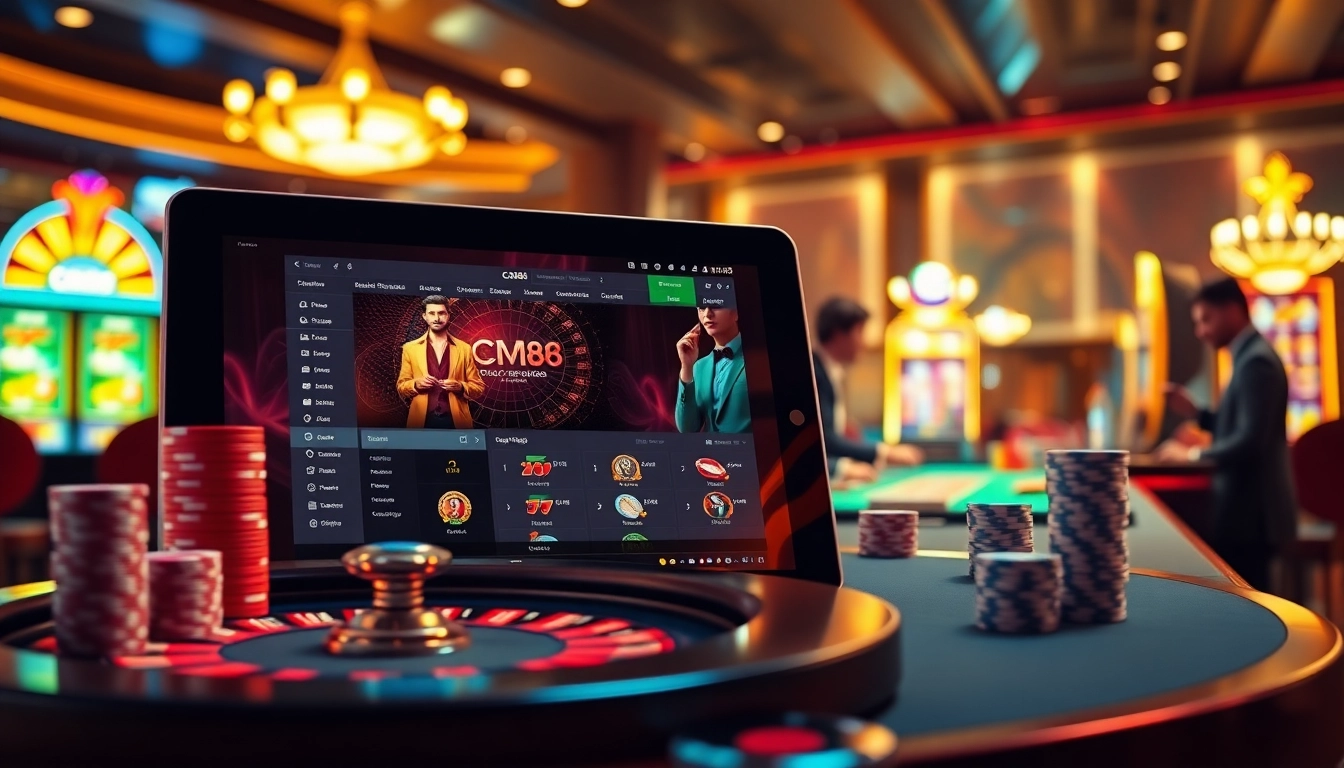 Experience high-stakes gambling with the CM88 online betting interface amid vibrant casino elements.