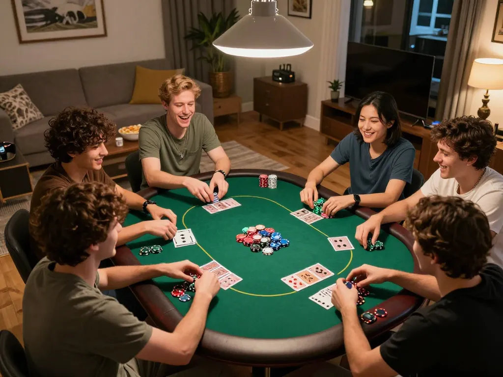 Cà khịa tv brings friends together for a lively poker game at home, chips and cards creating excitement.