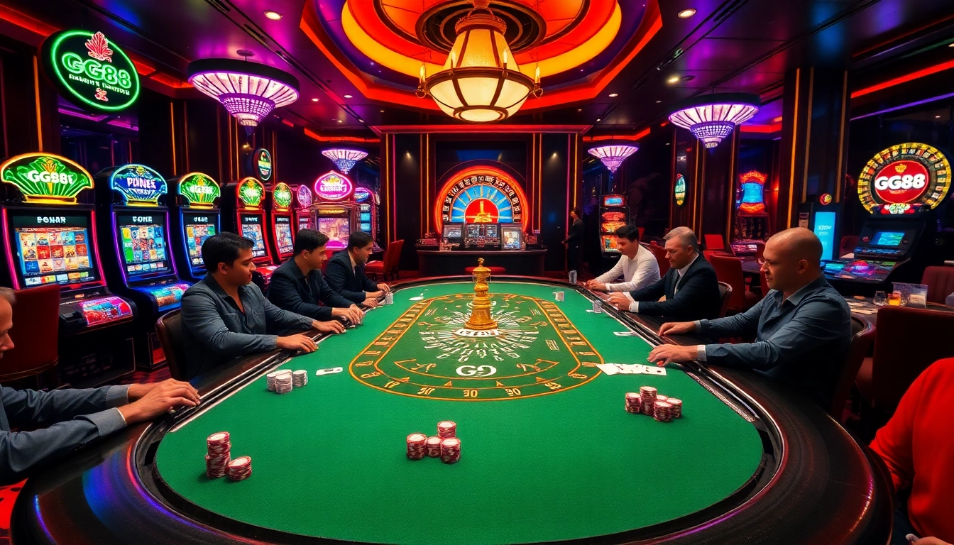 Players enjoying a thrilling game at GG88 casino with vibrant slot machines and elegant poker tables.