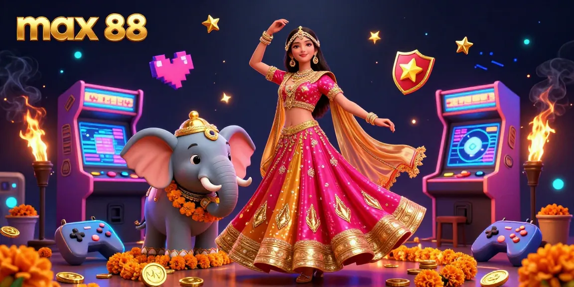 Experience excitement at max 88 with vibrant 3D casino illustration showcasing dynamic gaming elements and characters.