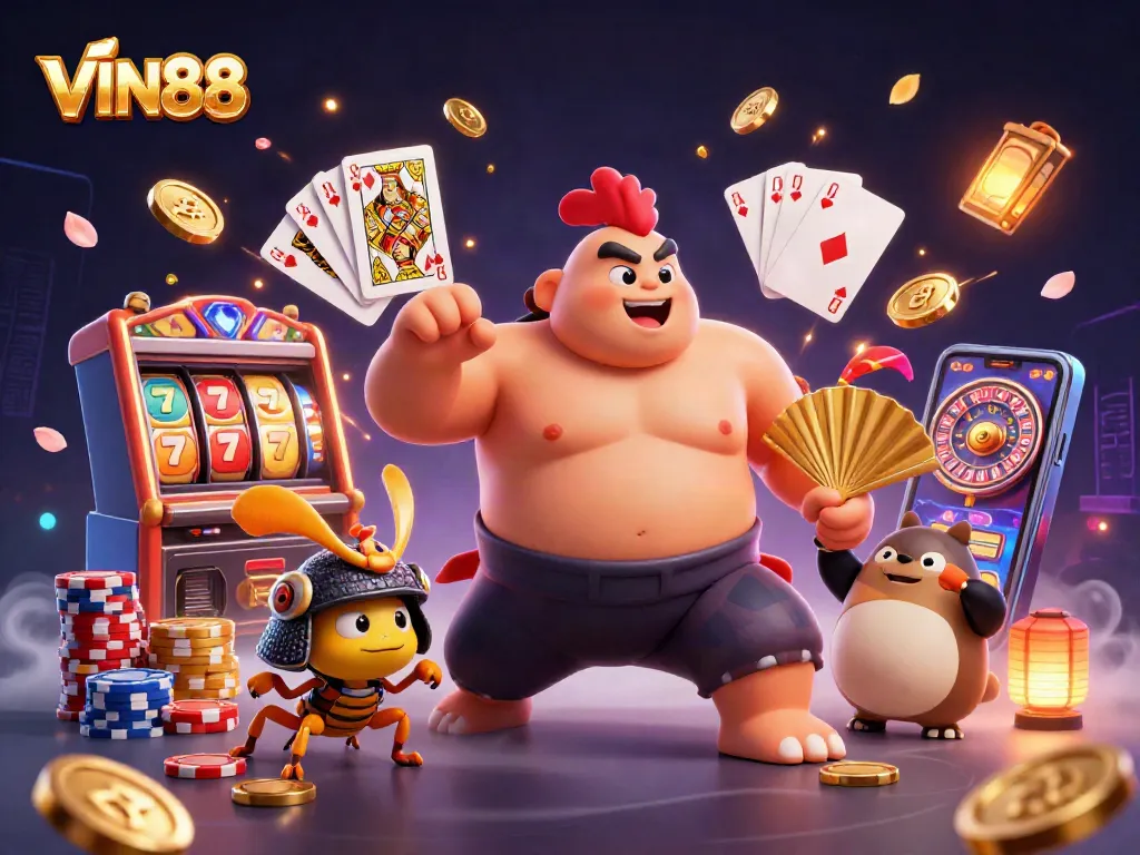 VIN88 captures the excitement of casino gaming with vibrant characters and rich elements in an engaging digital illustration.