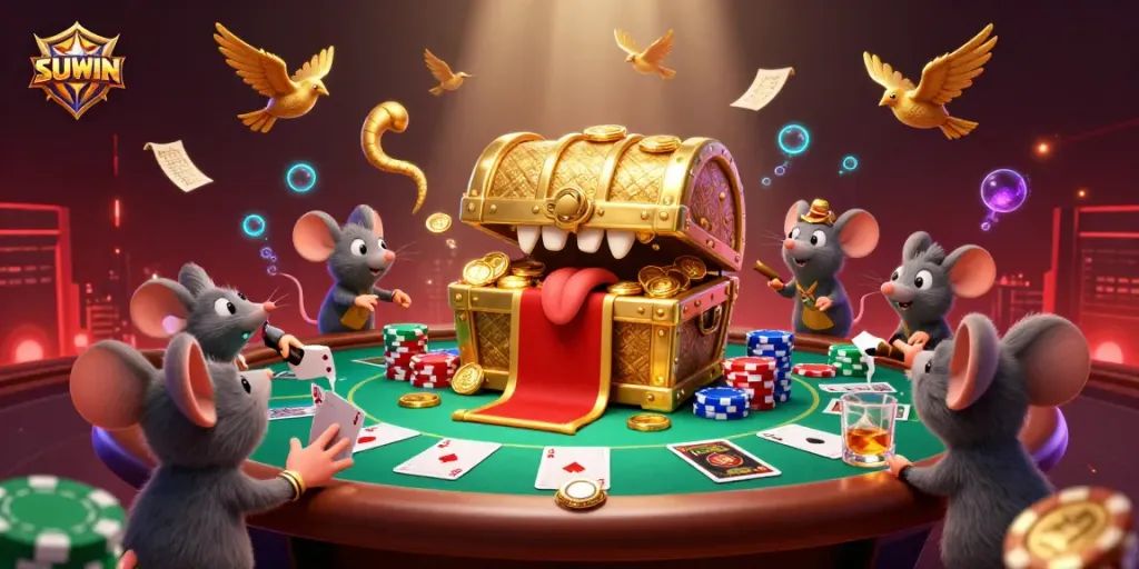 Suwin captivates players with an exciting casino scene filled with poker elements and a treasure chest.