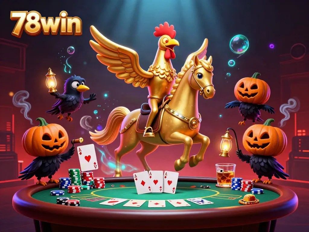 Experience the thrilling world of 78win with a golden rooster riding through a glowing casino scene.