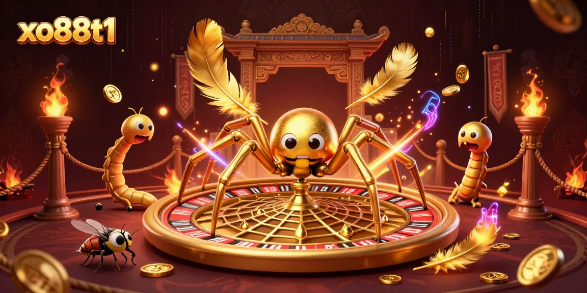 Bet on excitement with xo88t1 as a fly nervously engages in roulette betting under a golden spider's web.