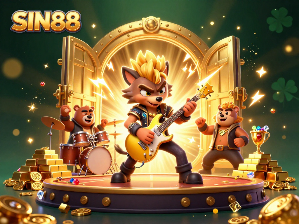 SIN88 features a dynamic 3D rock star wolf in a casino setting, highlighting vibrant gambling elements.