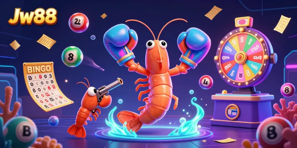 Witness the vibrant action with Jw88-themed cartoon shrimp characters amidst dynamic gaming elements.