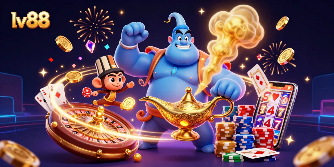 Experience thrilling gaming action at lv 88 with a vibrant casino illustration featuring a genie, casino elements, and festive decor.