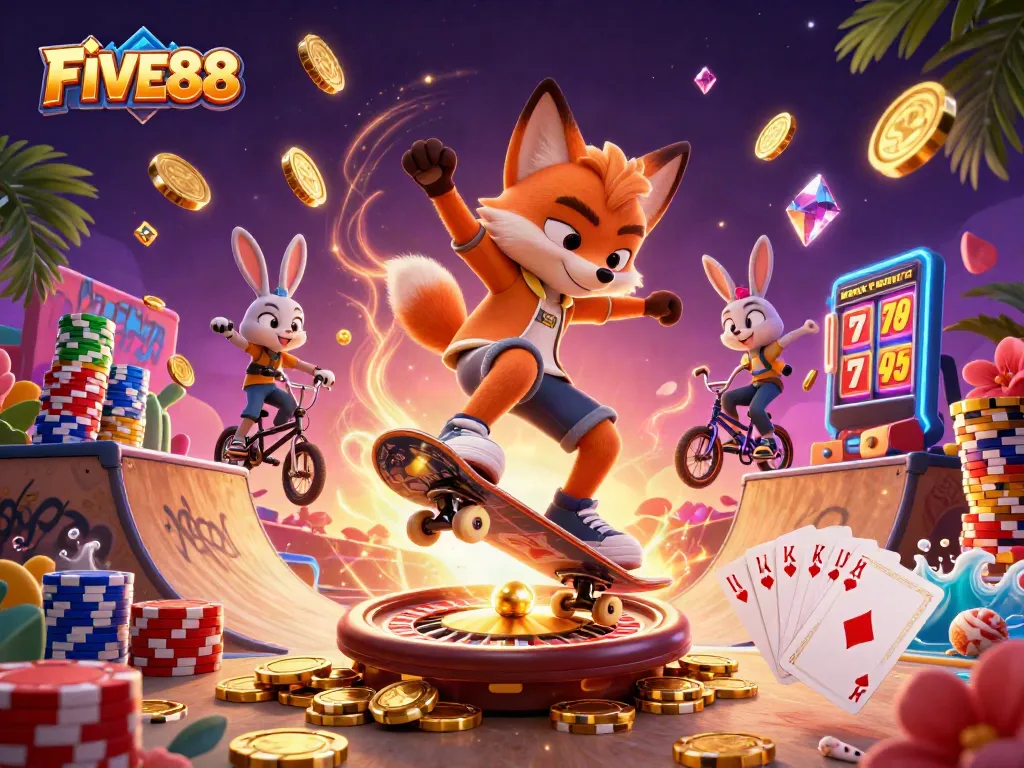 Experience the thrilling atmosphere of FIVE88 with a vibrant 3D casino scene featuring dynamic characters, gaming elements, and rich colors.
