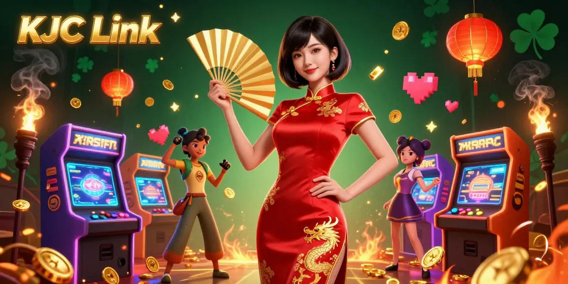 KJC Link showcases a captivating scene where a confident Asian woman in a red qipao dress celebrates winning at a vibrant casino game.