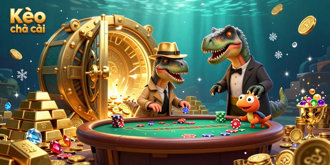 Experience thrilling casino action with Kèo nhà cái as a velociraptor plays blackjack, surrounded by treasures.